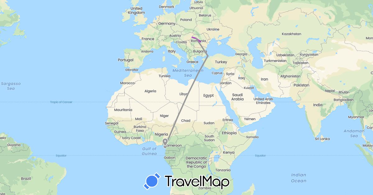 TravelMap itinerary: driving, plane, train in Cameroon, Romania, Turkey (Africa, Asia, Europe)